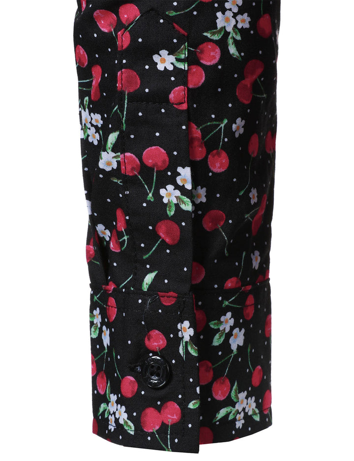 Chemise à manches longues en coton respirant à imprimé cerises pour homme, noire