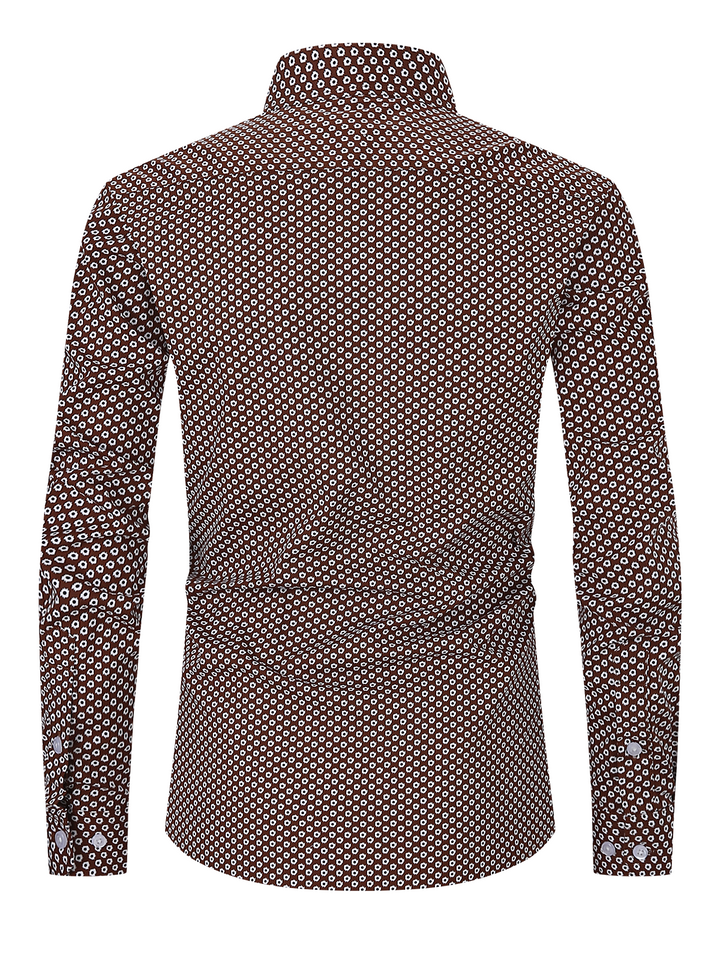 Chemise habillée à manches longues vintage marron à imprimé décontracté pour hommes