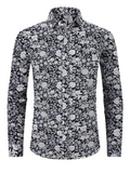 Chemise de ville noire à manches longues décontractée à imprimé floral vintage pour hommes