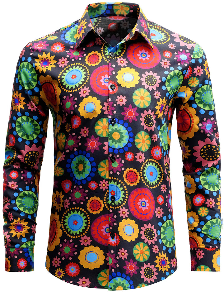 Chemise boutonnée à manches longues en coton à fleurs colorées pour hommes