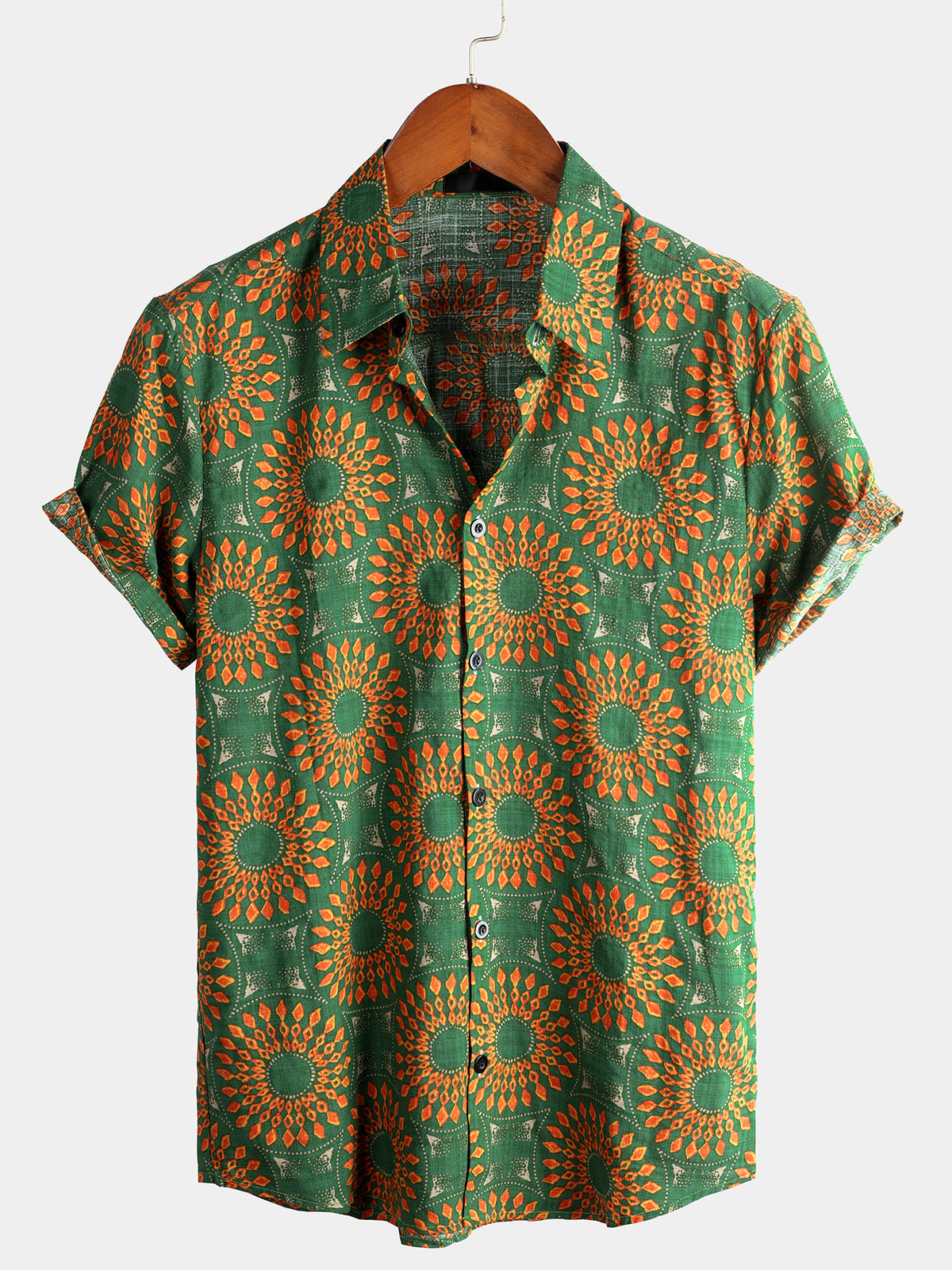 Chemise d'Homme des Années 70 à Fleurs Rétro Boutonnée Verte pour Été Plage Bohémienne Boho à Manches Courtes