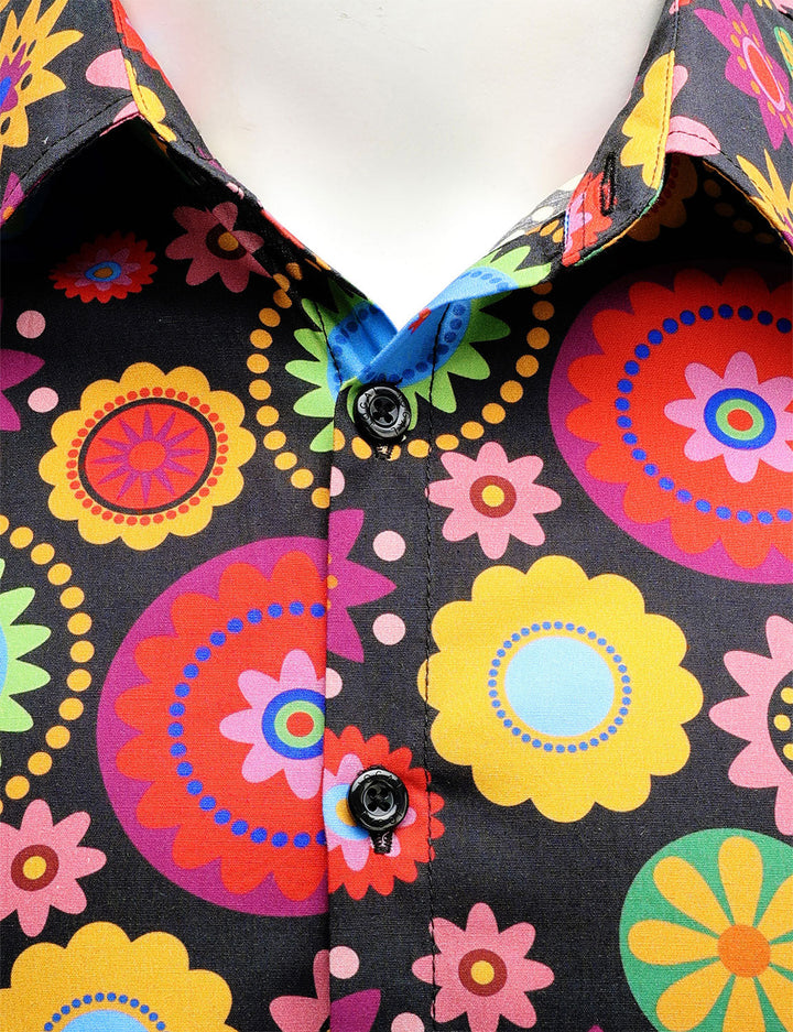 Chemise boutonnée à manches longues en coton à fleurs colorées pour hommes