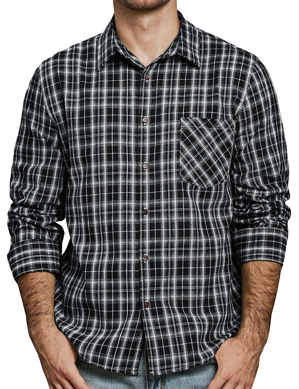 Chemise à manches longues à carreaux décontractée pour hommes avec poche rétro