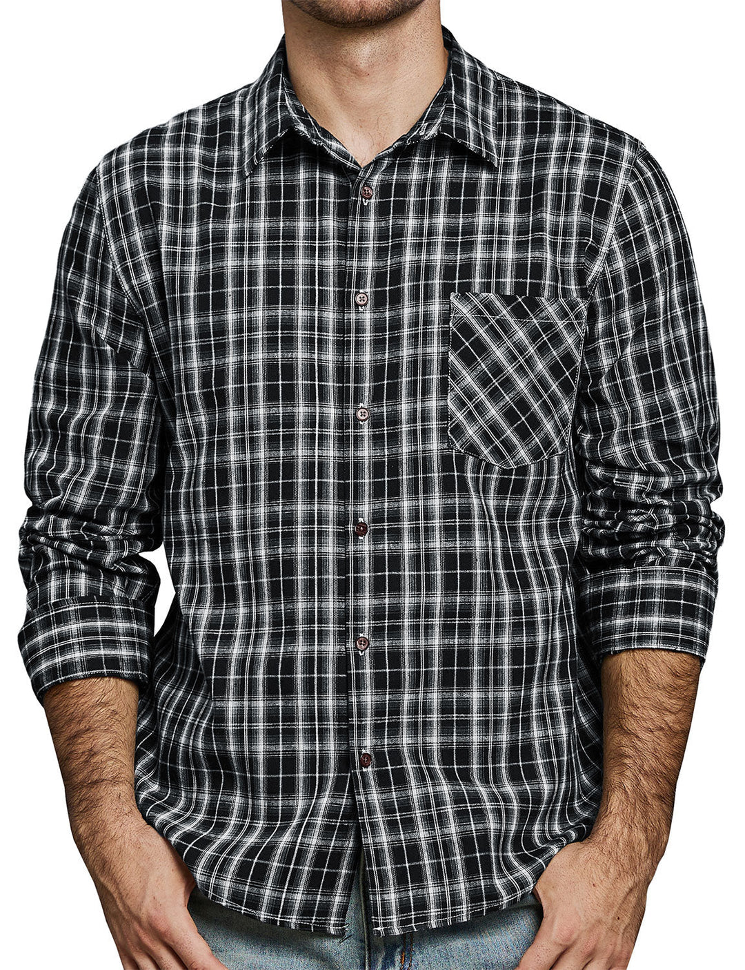 Chemise à manches longues à carreaux décontractée pour hommes avec poche rétro