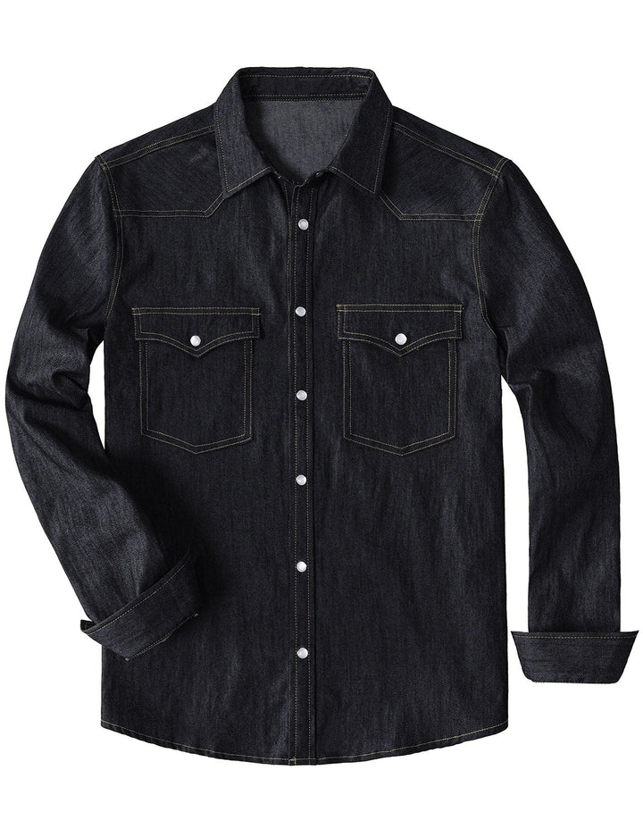 Chemise à manches longues en denim style cowboy pour homme avec boutons-pression nacrés