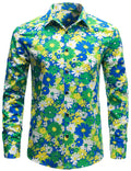 Chemise boutonnée à manches longues en coton vert à fleurs pour hommes