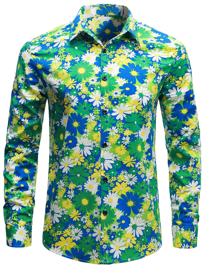 Chemise boutonnée à manches longues en coton vert à fleurs pour hommes