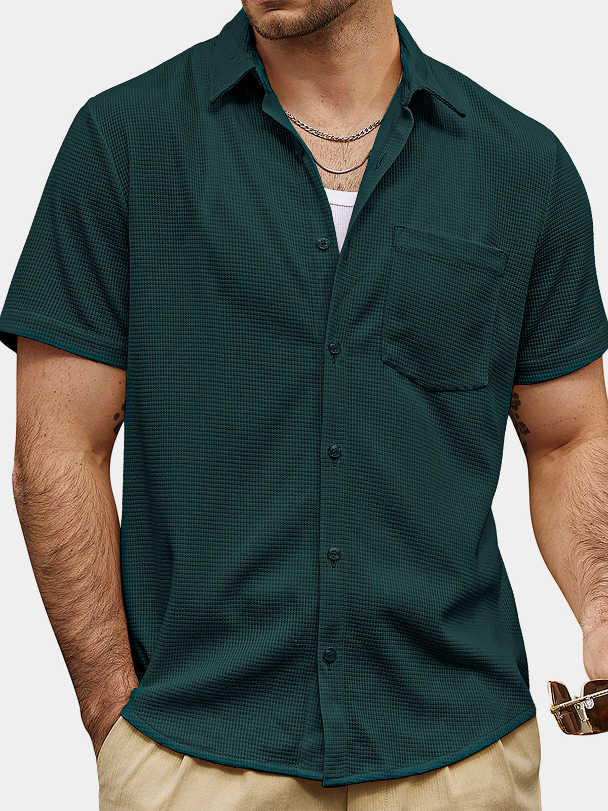 Chemise d'été décontractée à manches courtes pour homme, motif gaufré, idéale pour la plage