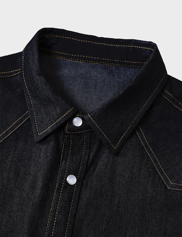Chemise à manches longues en denim style cowboy pour homme avec boutons-pression nacrés
