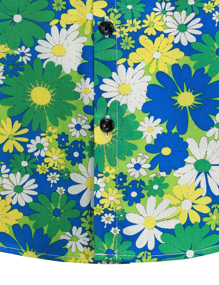 Chemise boutonnée à manches longues en coton vert à fleurs pour hommes