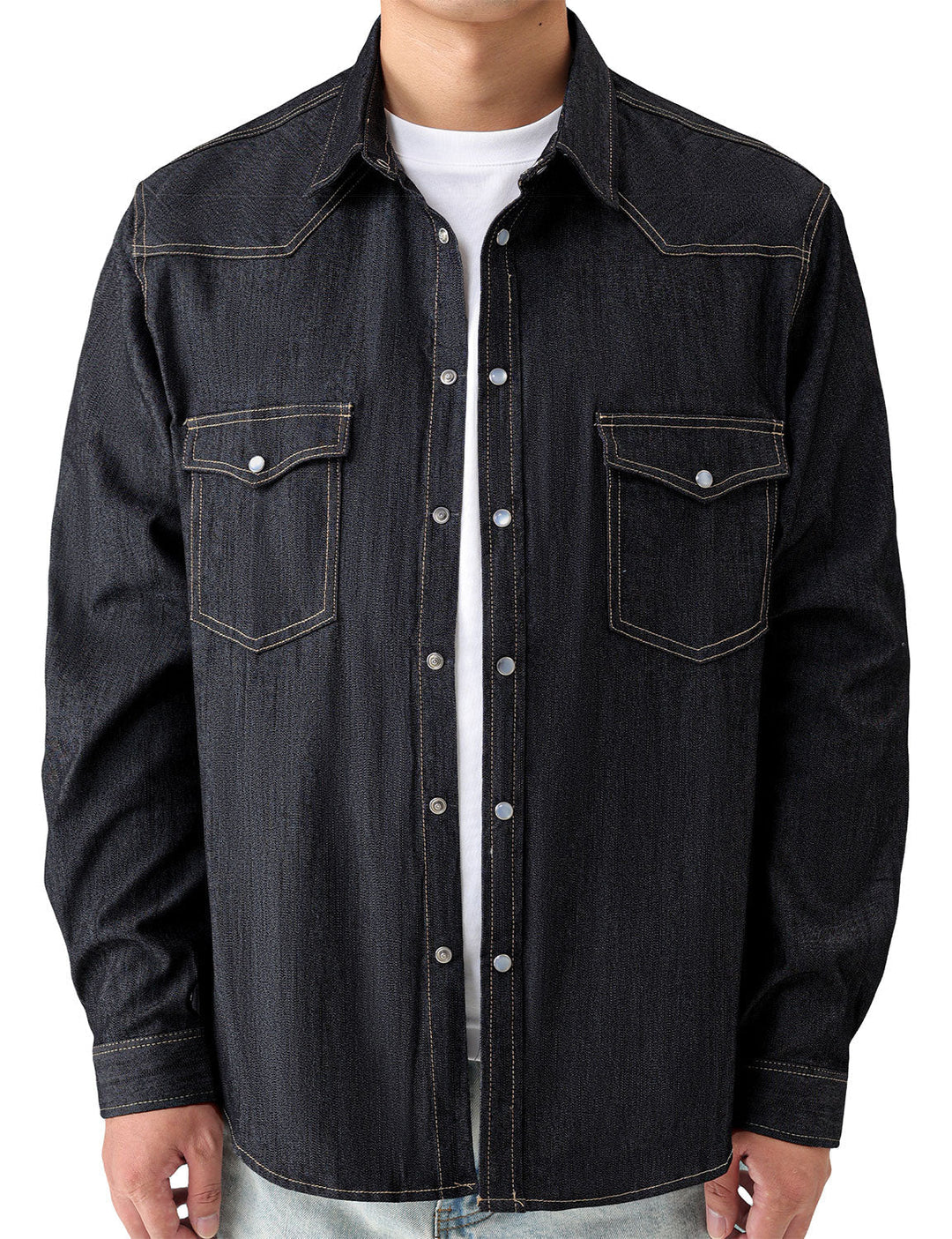Chemise à manches longues en denim style cowboy pour homme avec boutons-pression nacrés