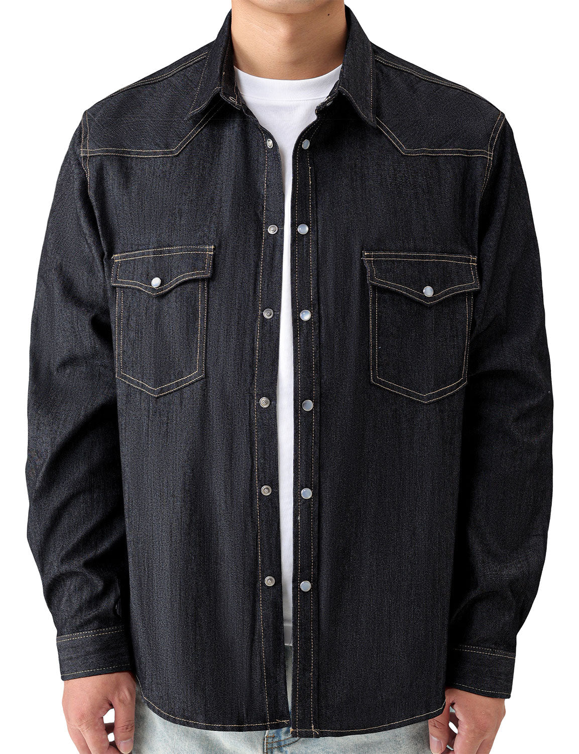 Chemise à manches longues en denim style cowboy pour homme avec boutons-pression nacrés