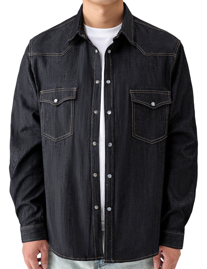Chemise à manches longues en denim style cowboy pour homme avec boutons-pression nacrés