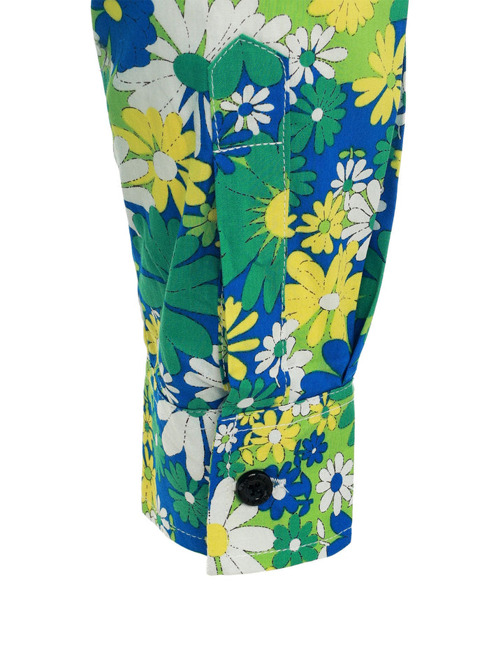 Chemise boutonnée à manches longues en coton vert à fleurs pour hommes