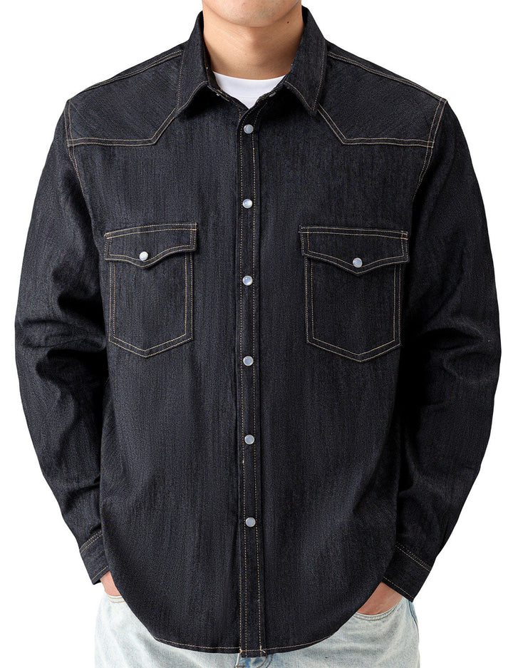 Chemise à manches longues en denim style cowboy pour homme avec boutons-pression nacrés