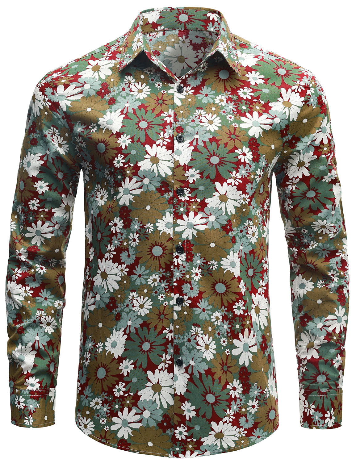 Chemise boutonnée à manches longues en coton à fleurs kaki pour homme