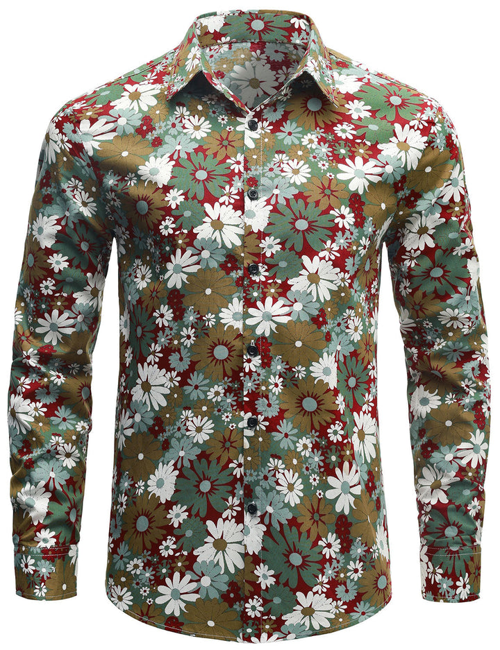 Chemise boutonnée à manches longues en coton à fleurs kaki pour homme