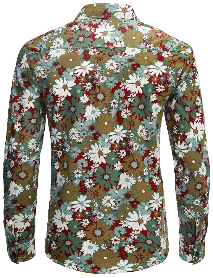 Chemise boutonnée à manches longues en coton à fleurs kaki pour homme