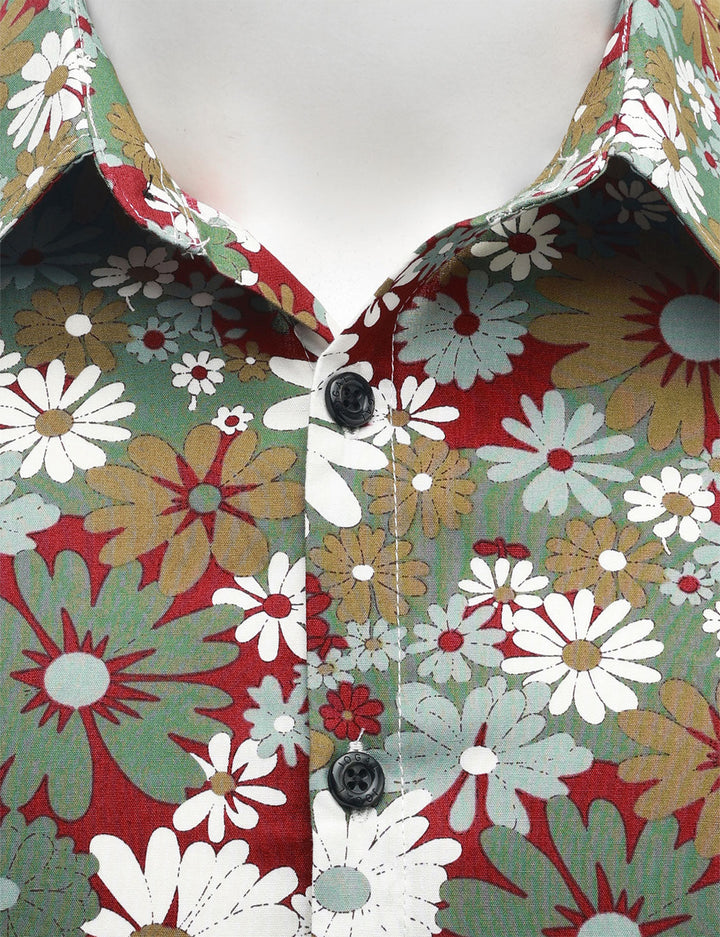 Chemise boutonnée à manches longues en coton à fleurs kaki pour homme