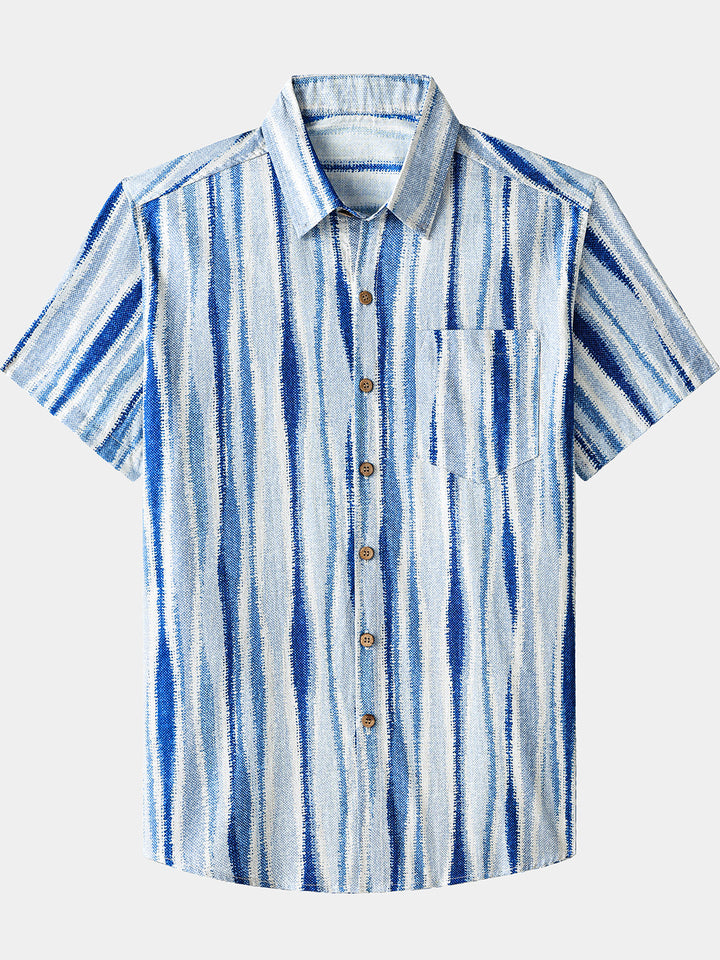 Chemise Homme Rayures Verticales Tie-Dye Rétro en Coton Manches Courtes