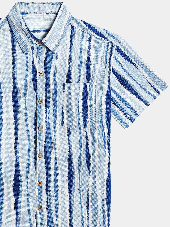 Chemise Homme Rayures Verticales Tie-Dye Rétro en Coton Manches Courtes