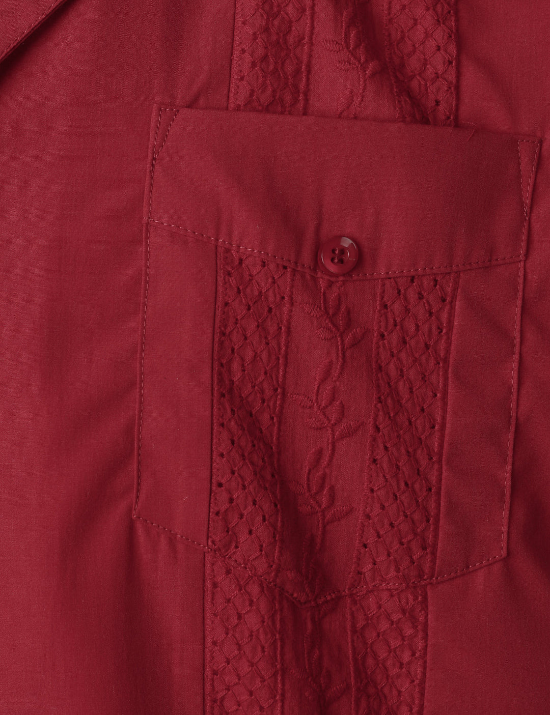 Chemise Guayabera cubaine rouge à manches courtes et poche pour hommes