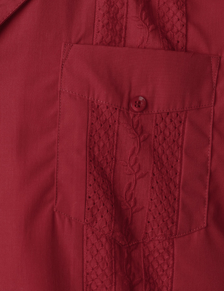 Chemise Guayabera cubaine rouge à manches courtes et poche pour hommes
