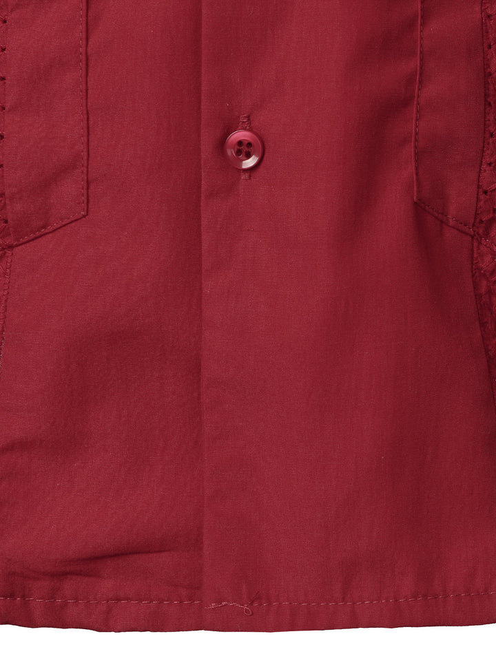 Chemise Guayabera cubaine rouge à manches courtes et poche pour hommes