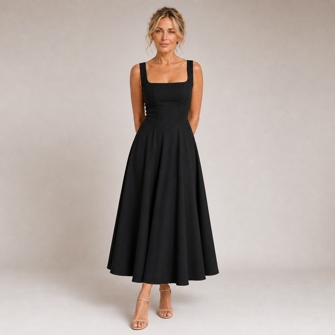 Lía - Robe Midi Noire avec Décolleté Carré et Jupe Évasée