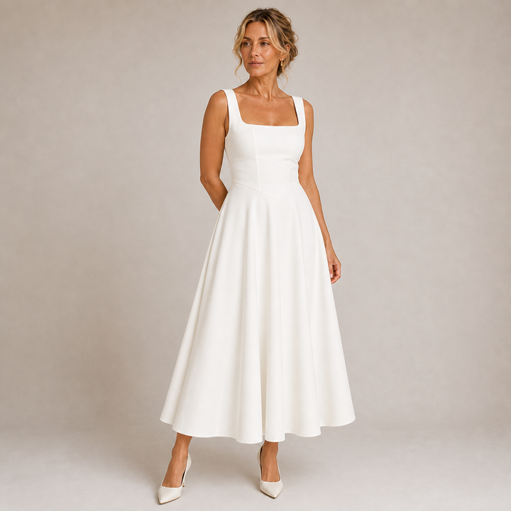 Lía - Robe Midi Noire avec Décolleté Carré et Jupe Évasée