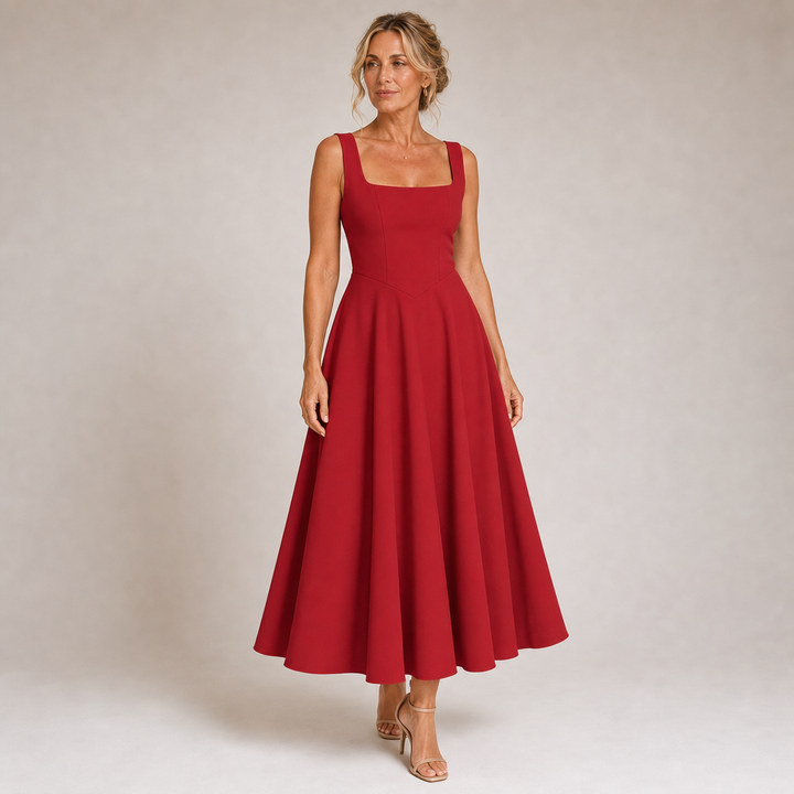Lía - Robe Midi Noire avec Décolleté Carré et Jupe Évasée