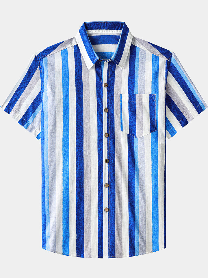 Chemise Homme Rayures Côtières Rétro en Coton Manches Courtes