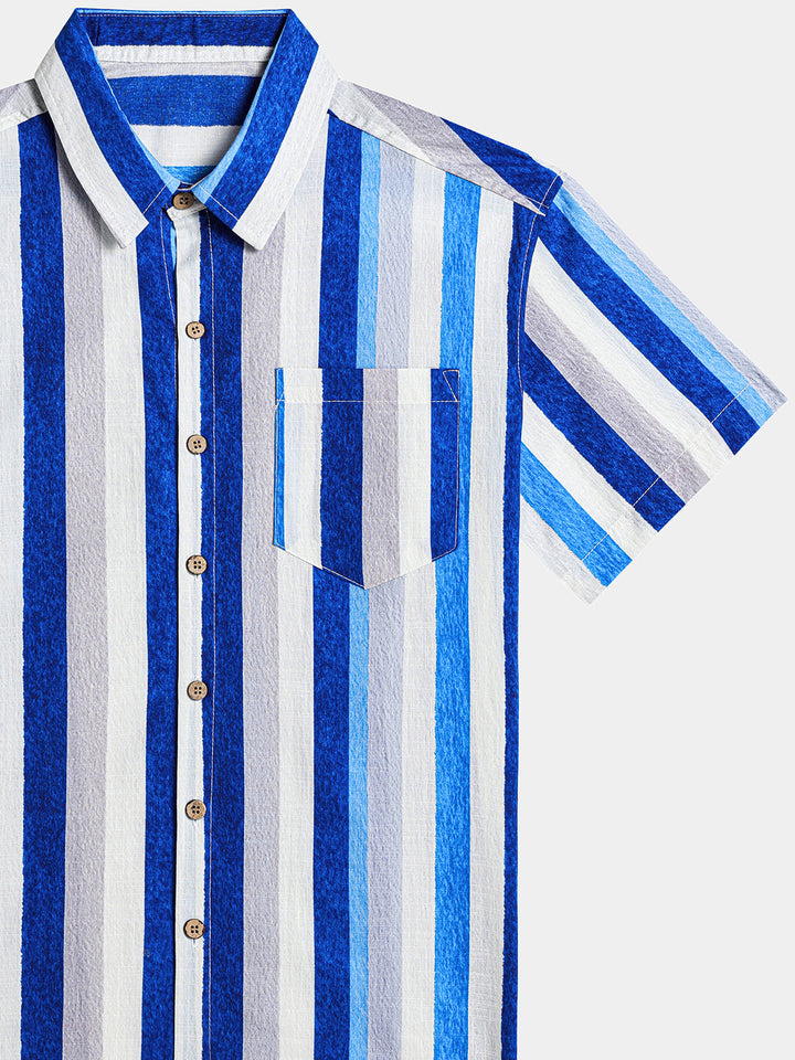 Chemise Homme Rayures Côtières Rétro en Coton Manches Courtes