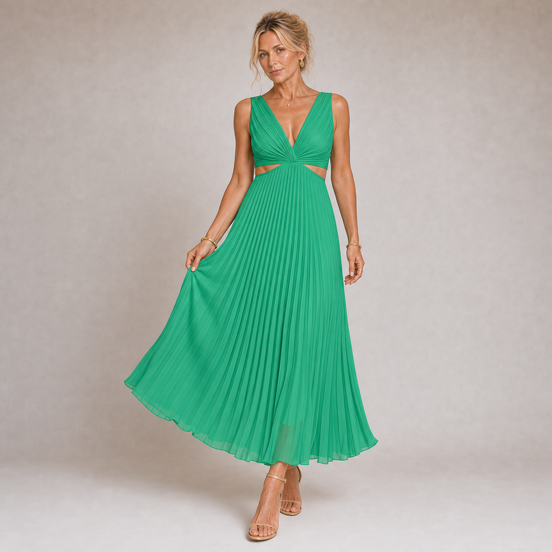 Mireia - Robe Longue Plissée en Jaune Pastel avec Décolleté en V et Fentes Latérales