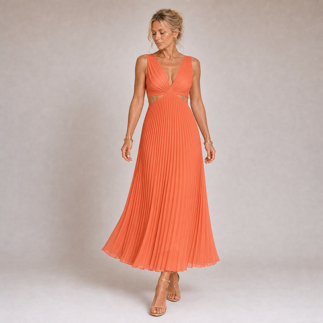 Mireia - Robe Longue Plissée en Jaune Pastel avec Décolleté en V et Fentes Latérales