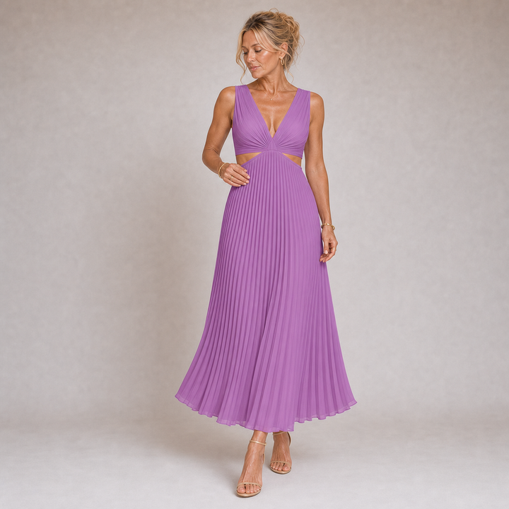 Mireia - Robe Longue Plissée en Jaune Pastel avec Décolleté en V et Fentes Latérales