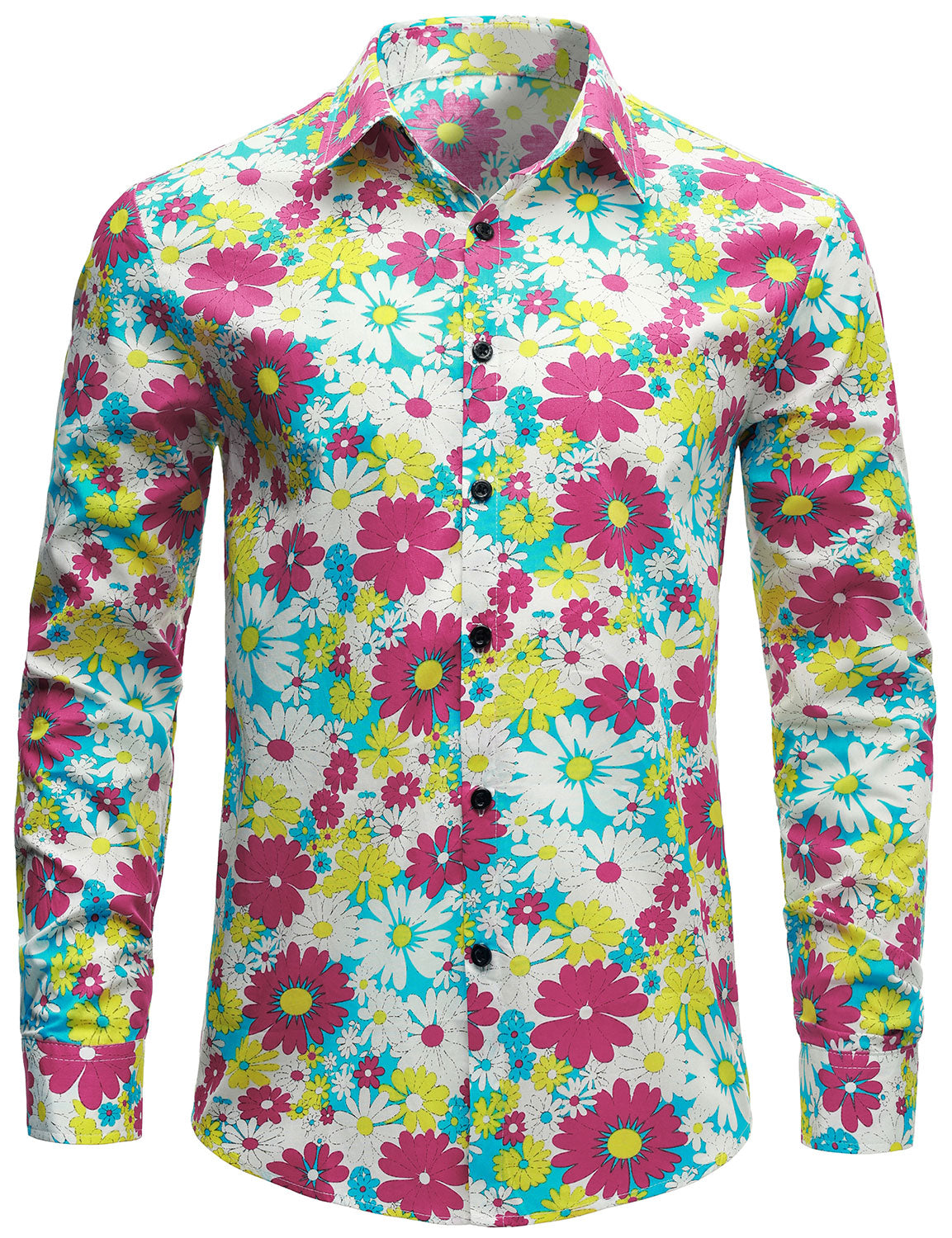 Chemise boutonnée à manches longues en coton rose à motif floral vintage pour homme