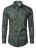 Hommes Bleu Marine Vintage Coton Floral Respirant Bouton Fleur Chemise à manches longues