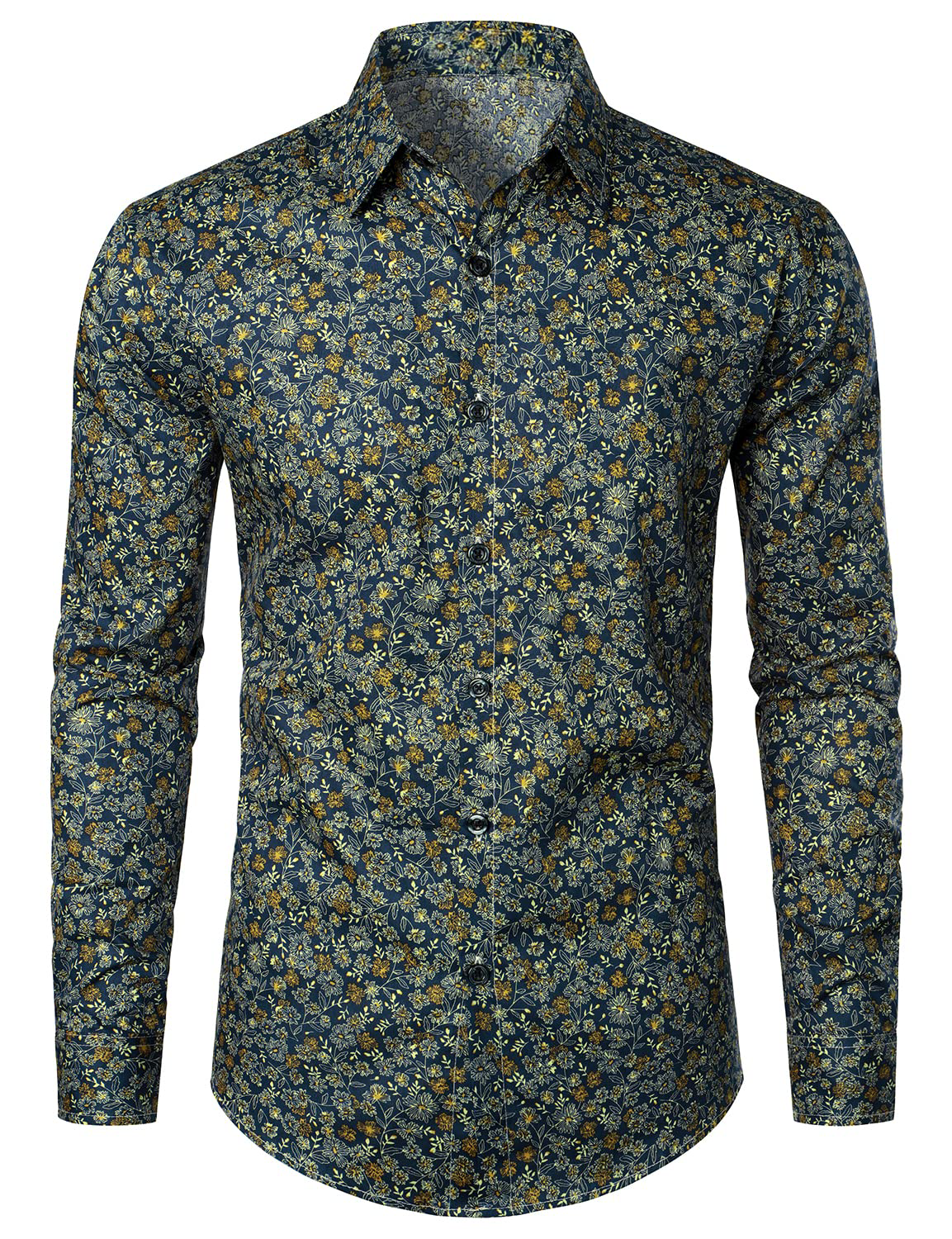 Hommes Bleu Marine Vintage Coton Floral Respirant Bouton Fleur Chemise à manches longues