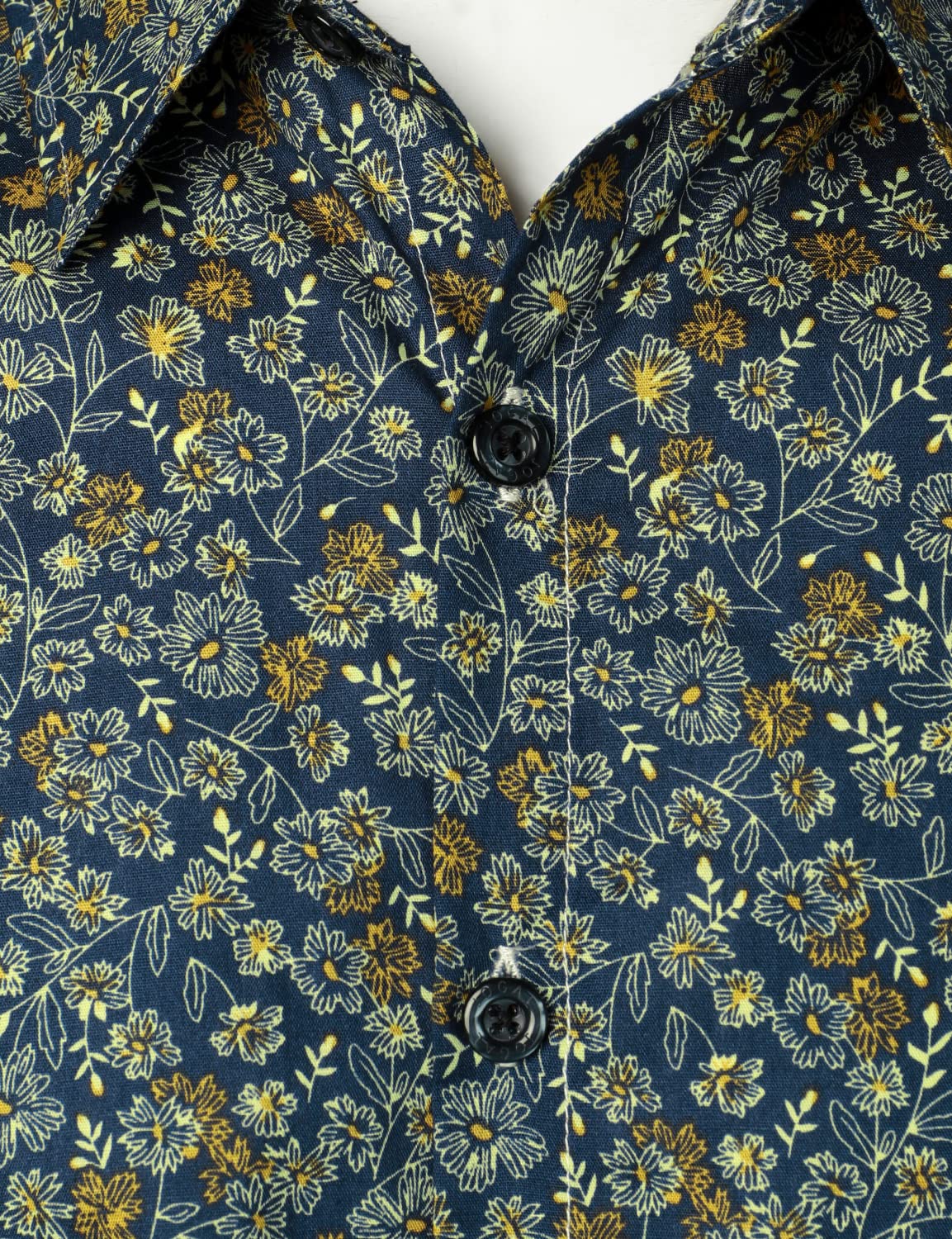Hommes Bleu Marine Vintage Coton Floral Respirant Bouton Fleur Chemise à manches longues