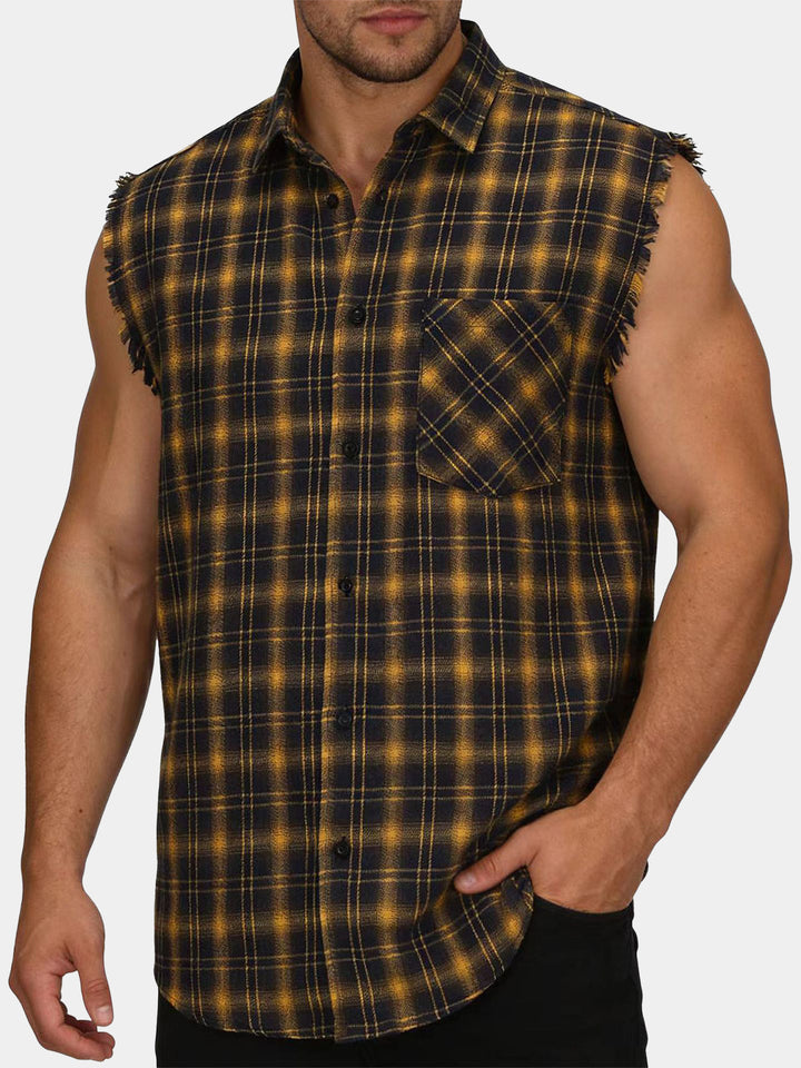 Chemise Homme Décontractée d’Été à Carreaux Jaune Sans Manches