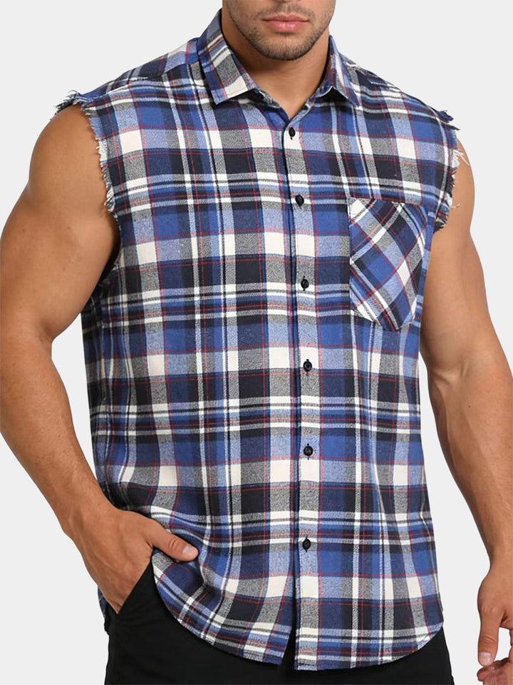Chemise Homme Décontractée à Carreaux Bleu Sans Manches Style Plage