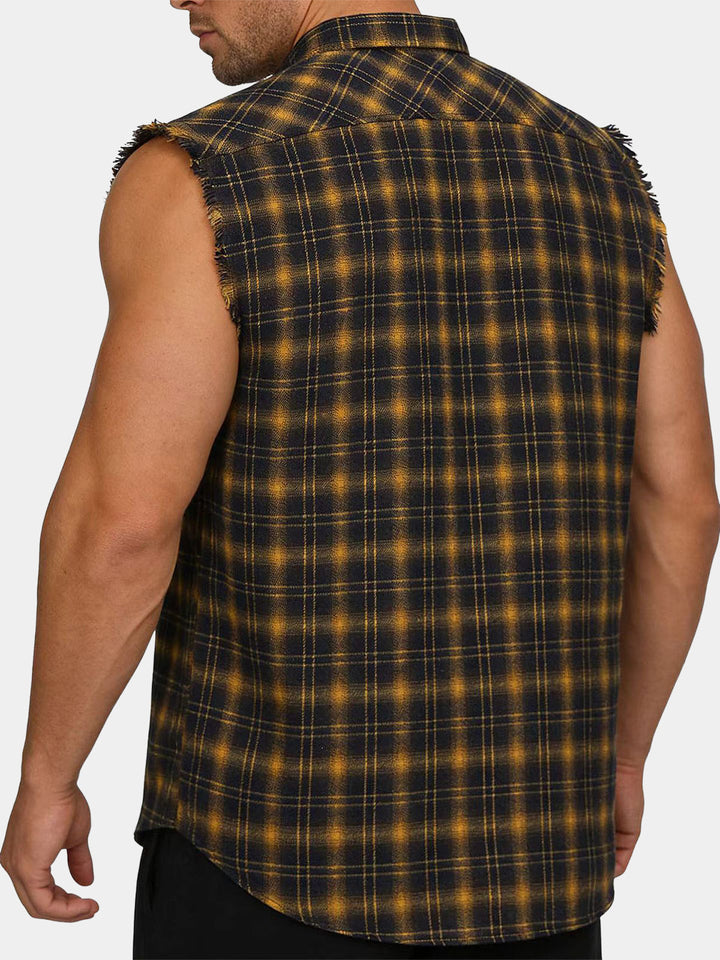 Chemise Homme Décontractée d’Été à Carreaux Jaune Sans Manches