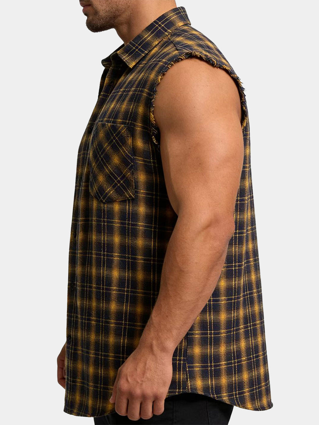 Chemise Homme Décontractée d’Été à Carreaux Jaune Sans Manches