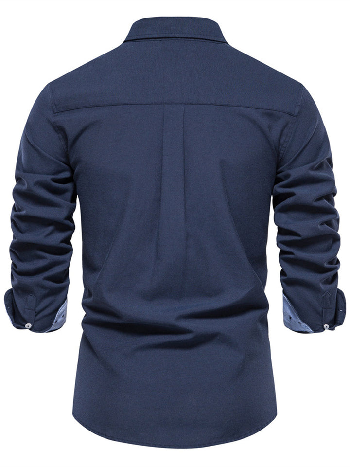 Chemise boutonnée à manches longues en coton respirant pour homme, couleur unie