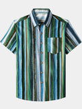 Chemise Homme Rayures Décontractée en Coton Manches Courtes