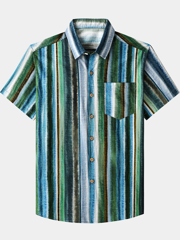 Chemise Homme Rayures Décontractée en Coton Manches Courtes