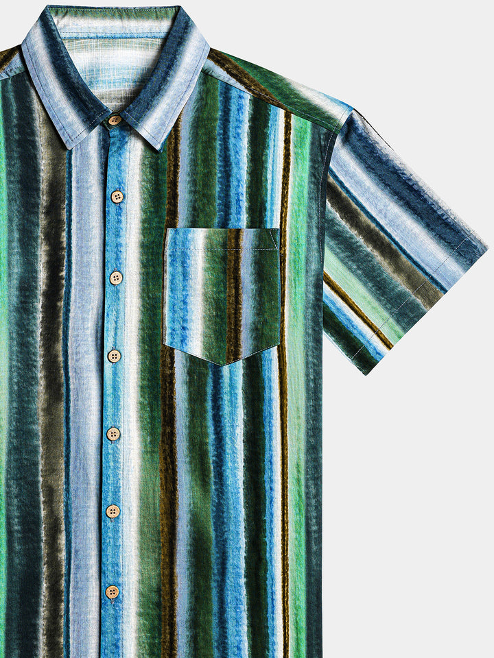 Chemise Homme Rayures Décontractée en Coton Manches Courtes