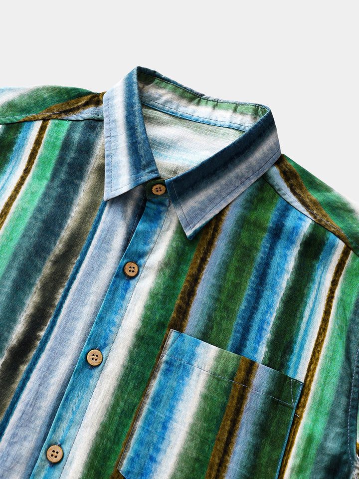Chemise Homme Rayures Décontractée en Coton Manches Courtes