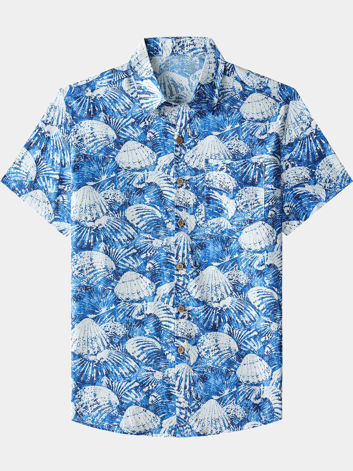 Chemise Homme Coquillages Hawaïenne en Coton Manches Courtes